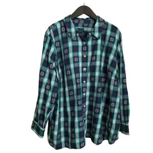 Talbots Plus Women's Shirt Size 3X Plaid Button Down Embroidered Snowflakes